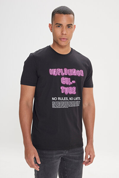 AC&Co / Altınyıldız Classics Men's Black Standard Fit Regular Fit 100% Cotton Slogan Printed Soft Textured Crew Neck T-Shirt