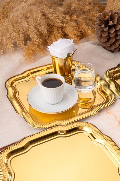 NEWTREND Züccaciye 6-Piece Luxury Edge Line Patterned Gold Daisy Model Stainless Steel Serving, Tea, Coffee Presentation Tray