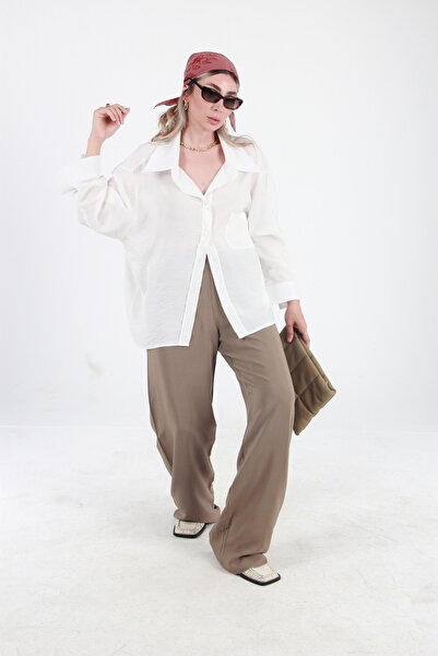 Loop Geniş Yakalı Geniş Manşetli Modal Kumaş Oversize Gömlek - Ekru