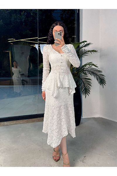 missswans Aruna Buttoned Peplum Lace Blouse White