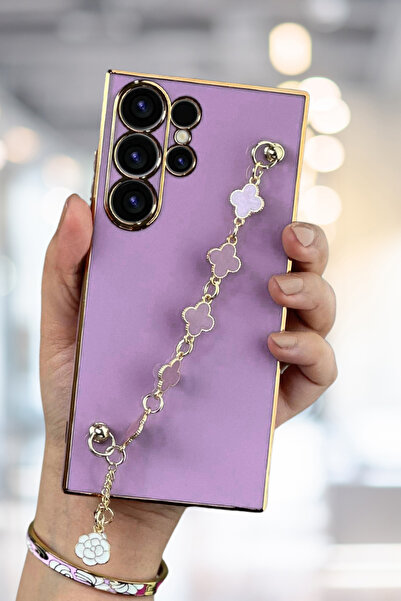 Fibaks Samsung Galaxy S23 Ultra Uyumlu Kılıf Parlak Kenarlı Altın İşlemeli Tutamaçlı Kamera Korumalı Kapak