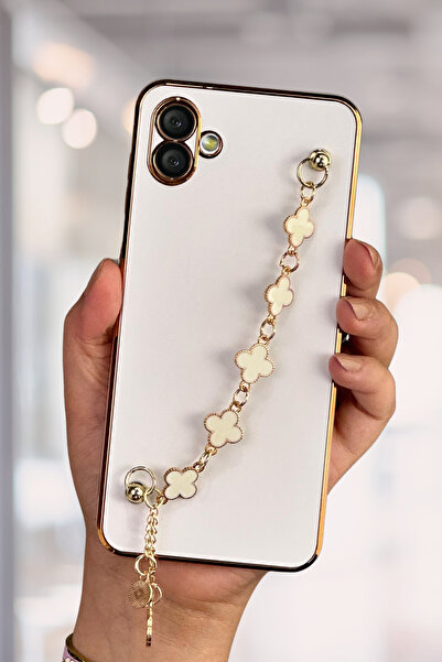 Fibaks Samsung Galaxy A04 Uyumlu Kılıf Parlak Kenarlı Altın İşlemeli Tutamaçlı Kamera Korumalı Kapak