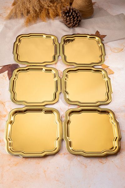 NEWTREND Züccaciye 6-Piece Luxury Edge Line Patterned Gold Daisy Model Stainless Steel Serving, Tea, Coffee Presentation Tray