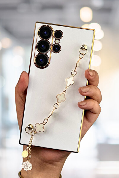 Fibaks Samsung Galaxy S23 Ultra Uyumlu Kılıf Parlak Kenarlı Altın İşlemeli Tutamaçlı Kamera Korumalı Kapak