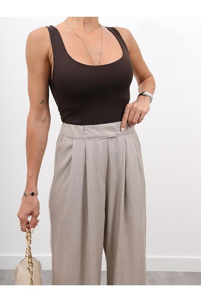 Maldia Shop Women's Elastic Waist Pleated Detail Mink Linen Palazzo Trousers