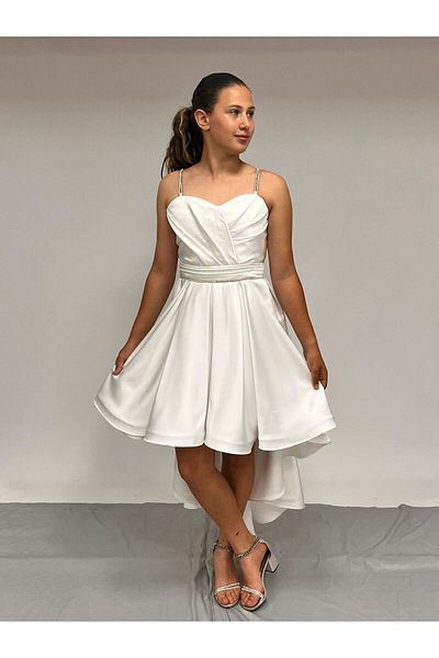 BUTİKHAPPYKİDS Βραδινό φόρεμα για κορίτσια Κρέμα πέτρινο κορδόνι με λουράκι καρδιά γιακά ματ σατέν ουρά βραδινό φόρεμα 10-15 ετών