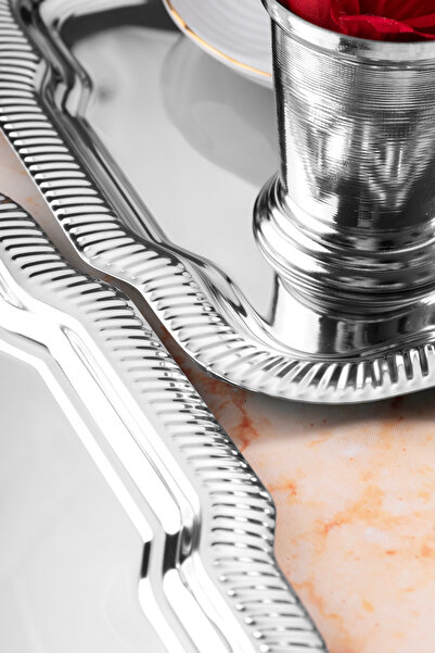 NEWTREND Züccaciye 3-Piece Luxury Edge Line Patterned Silver Daisy Model Stainless Steel Serving, Tea, Coffee Presentation Tray