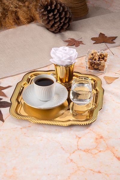 NEWTREND Züccaciye 1 Piece Luxury Edge Line Patterned Gold Daisy Model Stainless Steel Serving, Tea, Coffee Presentation Tray