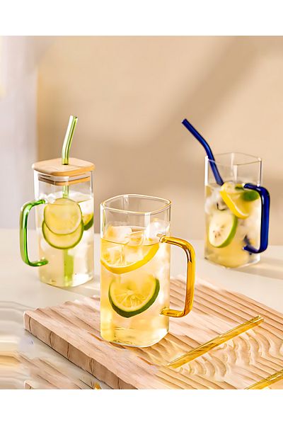 Bisbell 3Pcs Glass Mug with Bamboo Lid and Straws,Glass Mason Jars,400ml,BB4007