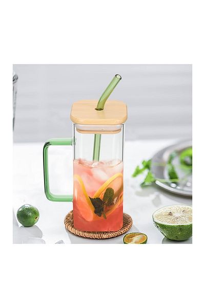 Bisbell Glass Mug with Bamboo Lid and Straws,Glass Mason Jars,400ml,BB4007