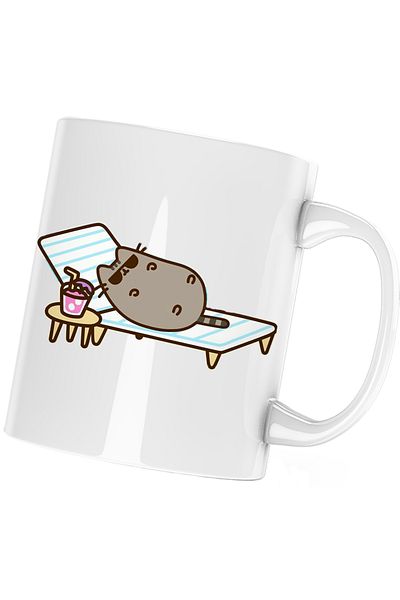 OEM Pusheen Cat Mug Beach Sun Vacation, white, 330 ml