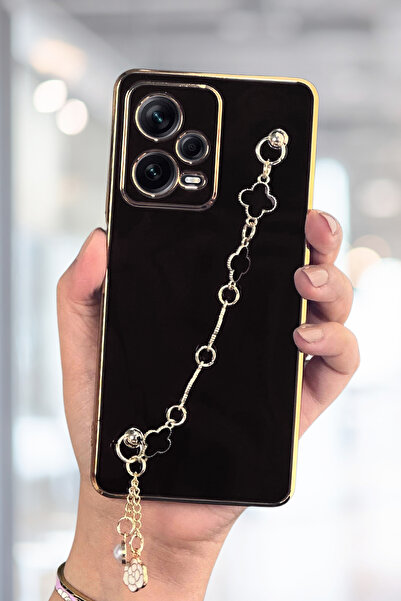 Fibaks Xiaomi Redmi Note 12 Pro 5G Kılıf Parlak Kenarlı Altın İşlemeli Tutamaçlı Kamera Korumalı Kapak