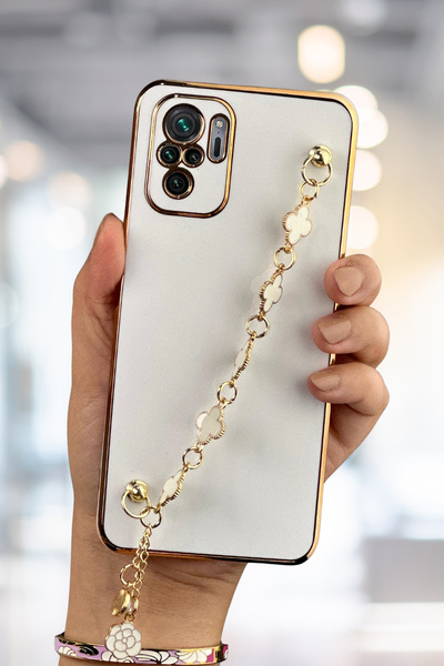 Fibaks Xiaomi Redmi Note 10-10S Uyumlu Kılıf Parlak Kenarlı Altın İşlemeli Tu...