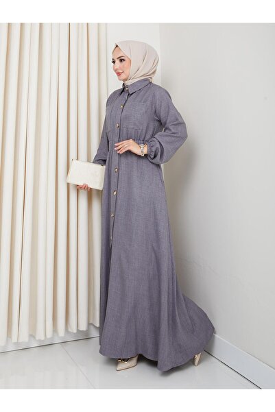 HARMAN BUTİK Γυναικείο φόρεμα με λεπτομέρεια τσέπης με κουμπιά και ζώνη καπνιστό λινό