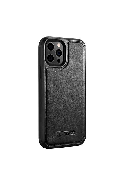 ICARER Husă acoperită cu piele naturală pentru iPhone 12 Pro Max, piele, ulei, ceară, neagră