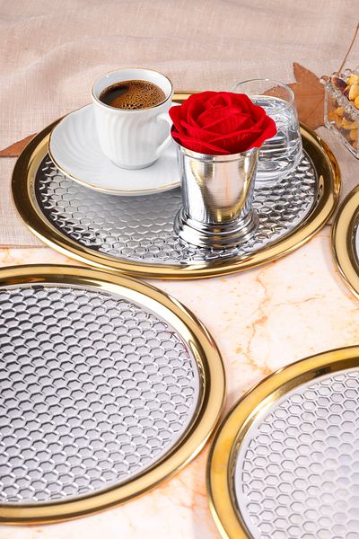 NEWTREND Züccaciye 6-Piece Luxury Medium Patterned Edge Coated Round 22 cm Model Silver Serving, Tea, Coffee Presentation Tray