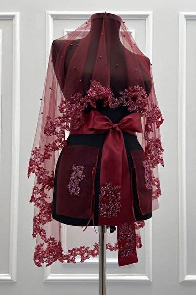 ZEYMERADE طقم طرحة زفاف باللون العنابي، خرز زجاجي ولؤلؤ، طقم طرحة حناء ليلية ...