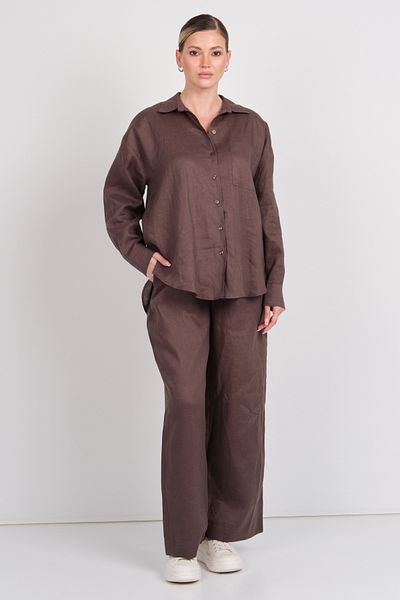 AYHAN Women's Double Pocket Elastic Waist 100% Linen Trousers 1240 Brown