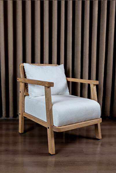 Aberteka Merlin Hazeranlı Doğal Ahşap Meşe Renk, Beyaz Teddy Kumaş Berjer