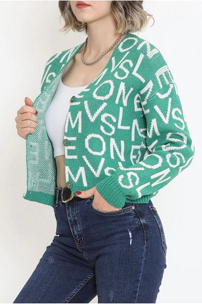 cacobutik Women Oversize Letter Printed Button V-Neck Woolen Pique Cardigan Green