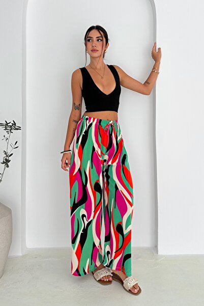 FEMELLE Women's Standard Size Elastic Waist High Waist Woven Viscose Loose Casual Pants