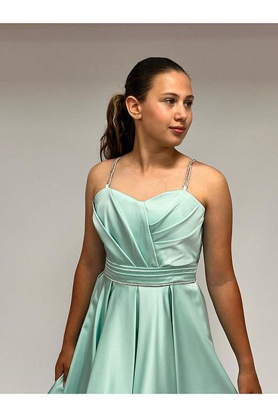 BUTİKHAPPYKİDS Βραδινό φόρεμα για κορίτσια MintGreen Stone Κορδόνι με λουράκι καρδιά γιακά ματ σατέν ουρά βραδινό φόρεμα 10-15 ετών
