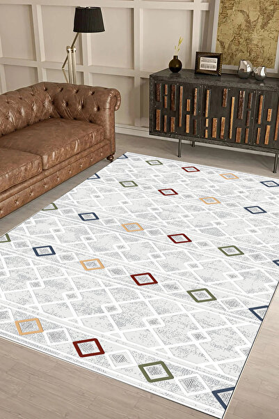 UZZA Geometrik İskandinav Eskitmeli Dijital Baskı Yıkanabilir Kaymaz Taban 9044