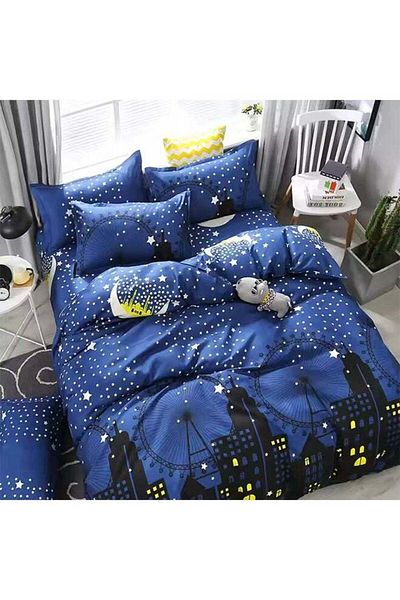 Lumely 4-Pcs Double Bed Cover Set,with Pillow Case Bedsheets Bale,Starry Night Pattern,Polyester Microfiber