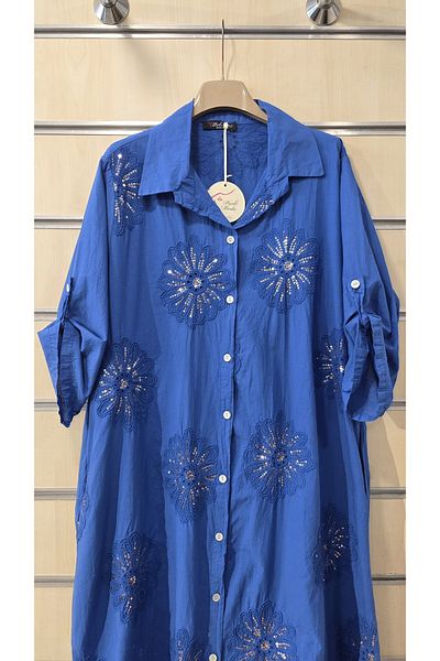 Park Moda Italian Cotton Shirt Dress with Floral Sequin Detail