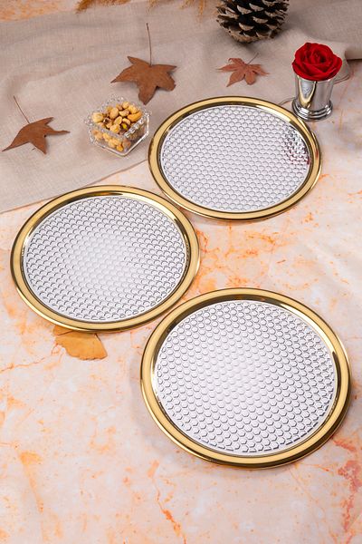 NEWTREND Züccaciye 3-Piece Luxury Medium Patterned Edge Coated Round 22 cm Model Silver Serving, Tea, Coffee Presentation Tray