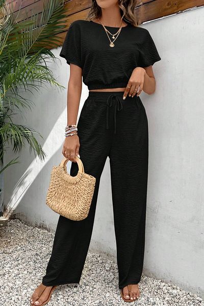 MODAGEN Women's Black Short Sleeve Crew Neck Crop Pants Bottom-Top Set