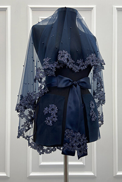 ZEYMERADE طقم ستارة عروس باللون الأزرق الداكن، مطرز بالخرز الزجاجي واللؤلؤ، ط...