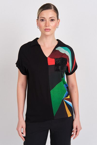 DAIDO Women's Patterned Ornamental Pocket Short Sleeve Blouse 5840 Black