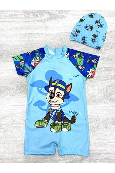 mayakids Paw Patrol Chase Printed Boys' Blue Swimsuit and Cap Set