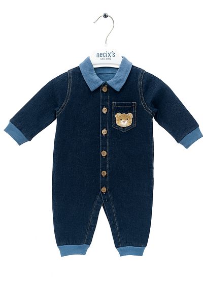 tinytrends Baby Boy Cotton Teddy Bear Embroidered Denim Jumpsuit