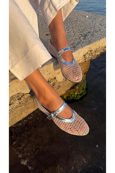 Eataly Shoes Cody Silver Glitter Big Mesh Belt Detailed Ballerinas