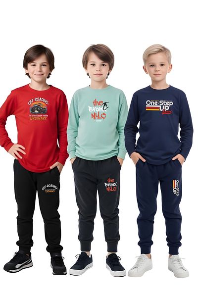FYK COLLECTİON 3-Piece Round Neck Printed Boy's Bottom-Up Set
