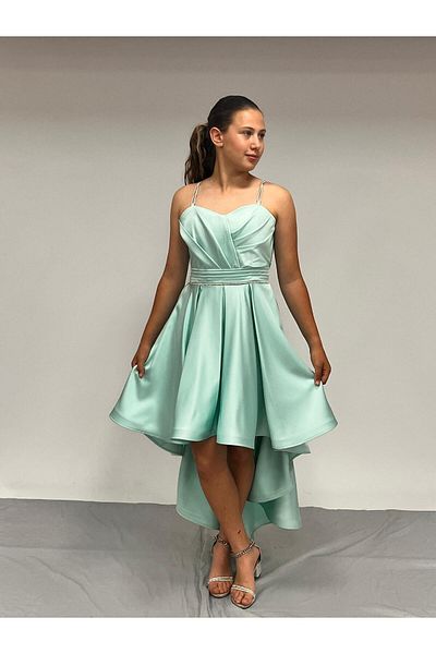 BUTİKHAPPYKİDS Βραδινό φόρεμα για κορίτσια MintGreen Stone Κορδόνι με λουράκι καρδιά γιακά ματ σατέν ουρά βραδινό φόρεμα 10-15 ετών