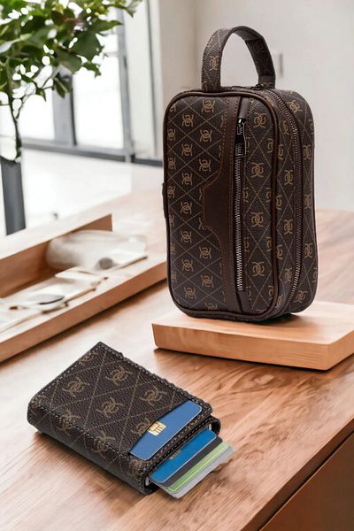 Newish Мъжки кожен портфейл с механизъм и портфолио, клъч, чанта за бръснене, козметика и ежедневна чанта (14X24 см)