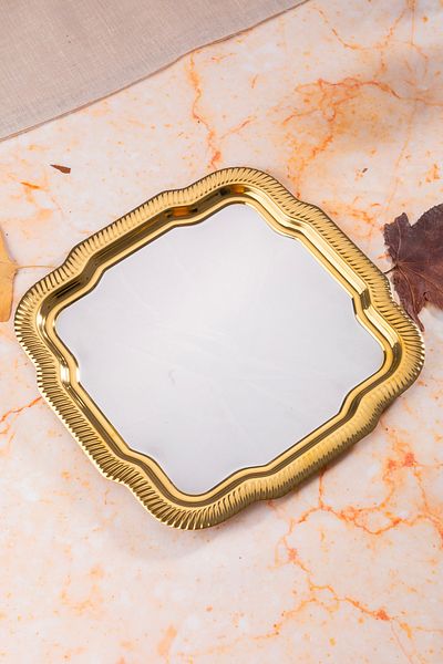 NEWTREND Züccaciye 1 Luxury Patterned Daisy Square Model with Edge Decoration Silver Serving, Tea, Coffee Presentation Tray