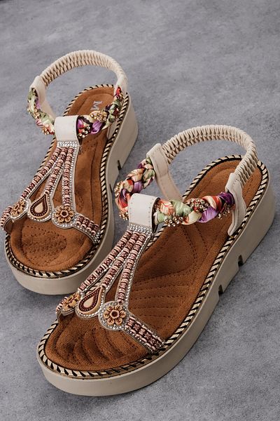Lal Shoes & Bags Area Women's High-Sole Bead Detailed Sandals Shoes B4100-Cream