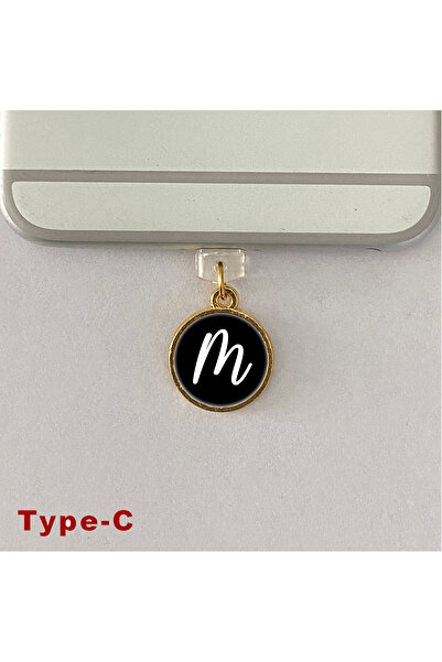 BK Design M Harfi Type-C Uyumlu Telefon Şarj Portu Toz Tıpası Toz Tıkacı Epoksi Charm Siyah Beyaz