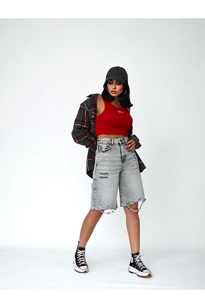 XBELLA DENİM Women's Long Bermuda Denim Shorts Ripped Detailed Midi Length