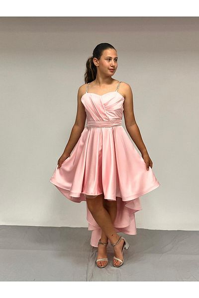 BUTİKHAPPYKİDS Βραδινό φόρεμα για κορίτσια Ροζ πέτρινο κορδόνι με λουράκι καρδιά γιακά ματ σατέν βραδινό φόρεμα 10-15 ετών