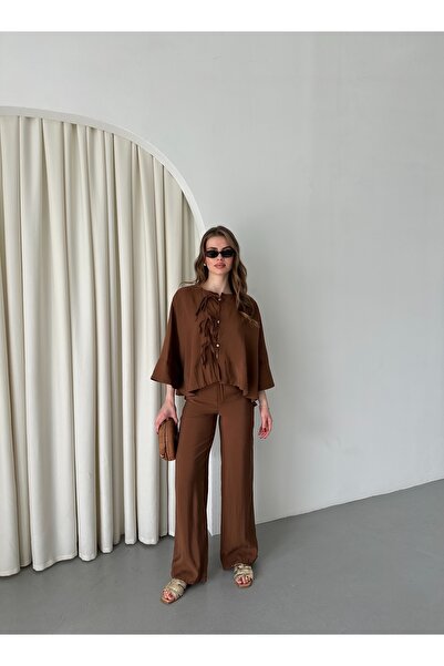 Laluvia Brown Collar Stitching Detailed Blouse Pants Set - 9002