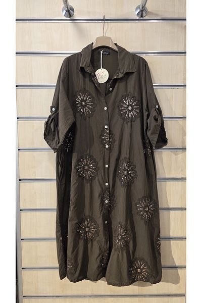 Park Moda Italian Cotton Shirt Dress with Floral Sequin Detail
