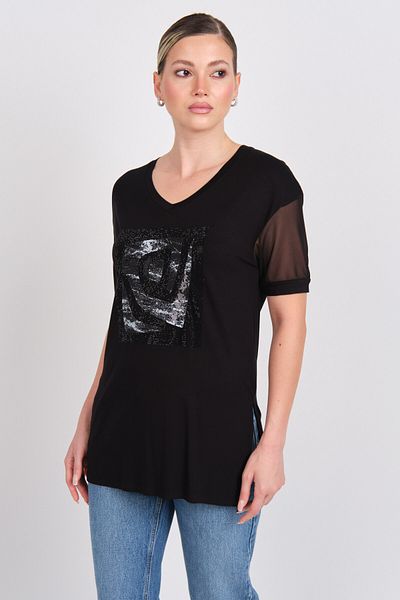 DAIDO Women's Stone and Sequin Embroidered Sleeves Tulle V Neck Blouse 5831 Black