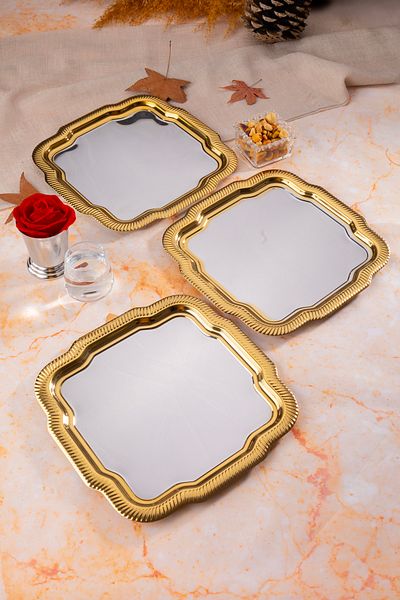 NEWTREND Züccaciye 3-Piece Luxury Patterned Daisy Square Model Silver Serving, Tea, Coffee Presentation Tray