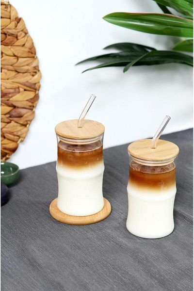 Amentes 2 Pieces Heat Resistant Glass with Straw Bamboo Lid Model Borosilicate Cold and Hot Coffee Cup