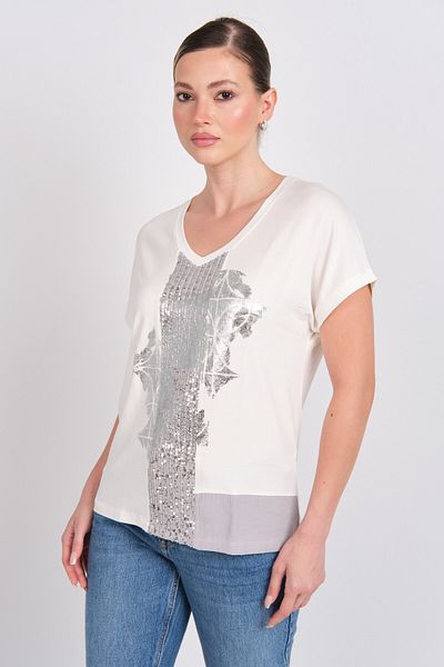 DAIDO Women's Low Sleeve Front Part Shiny Embroidered Blouse 5823 Ecru
